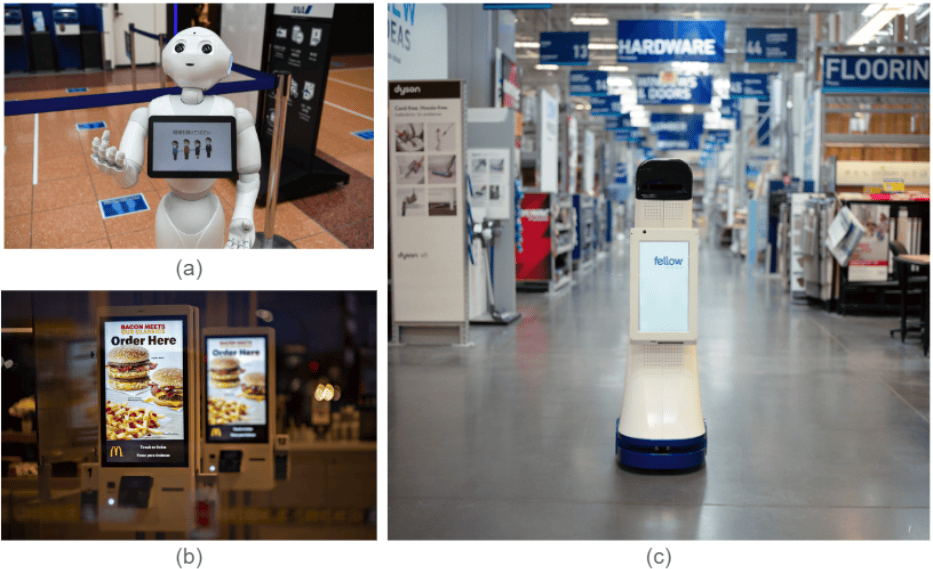 Figure 4: customer service robots — Pepper, McDonald's kiosks, LoweBot