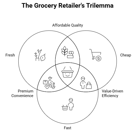 Figure 2: the grocery retailer's trilemma — fresh, cheap, fast, choose two