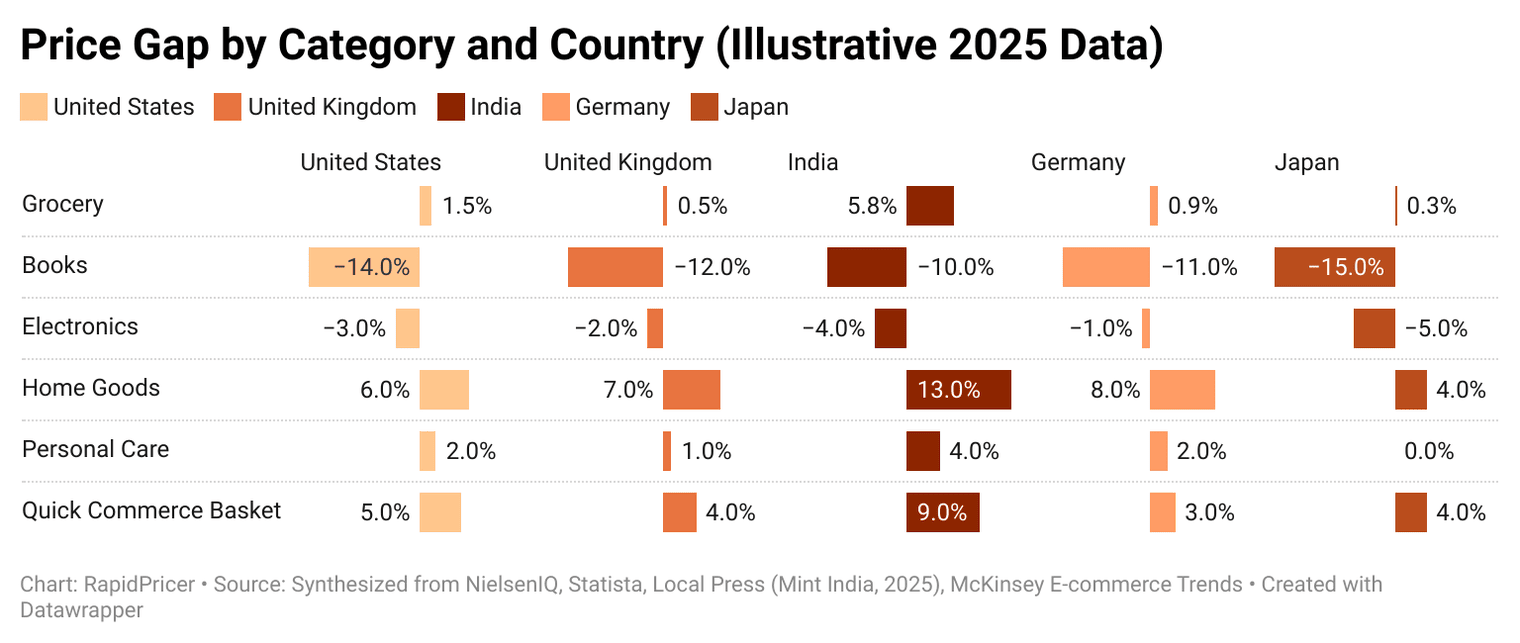 Figure 2: price gap by category and country (illustrative 2025 data)